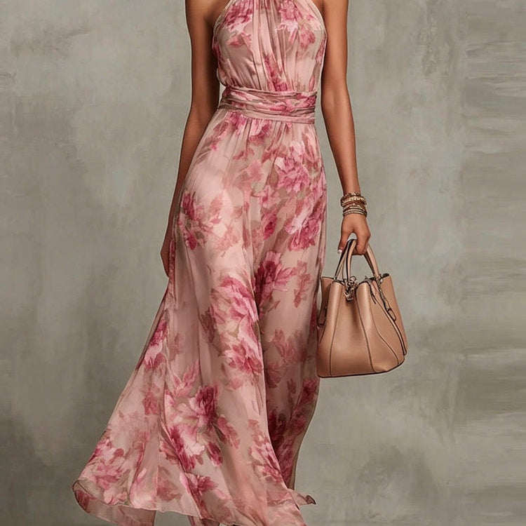 Pink Floral Chiffon Halter Maxi Dress
