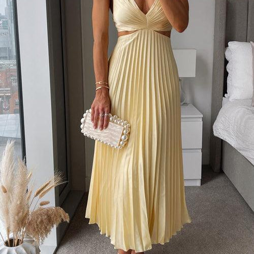 V Neck Cut Out Waist Sleeveless Pleated Maxi Dress