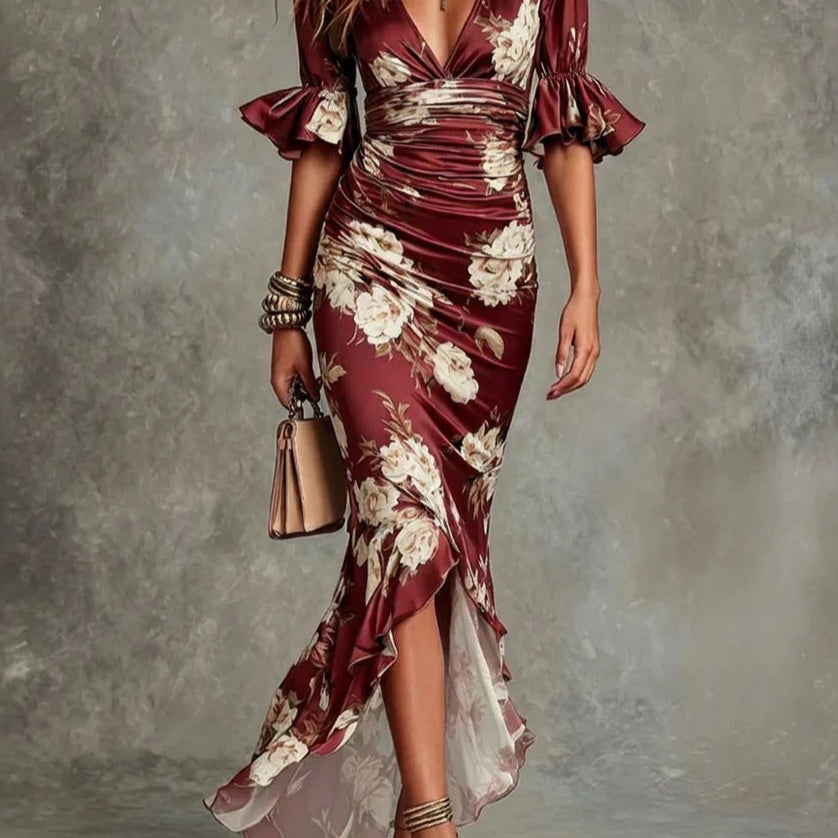 Green Floral Ruffled Bell Sleeve V-neck Satin Asymmetrical Maxi Dress