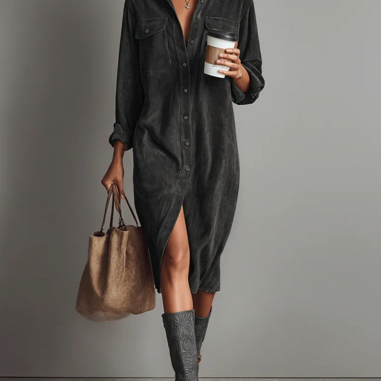 GINA | Loose Corduroy Double Chest Pocket Single Breasted Midi Dress
