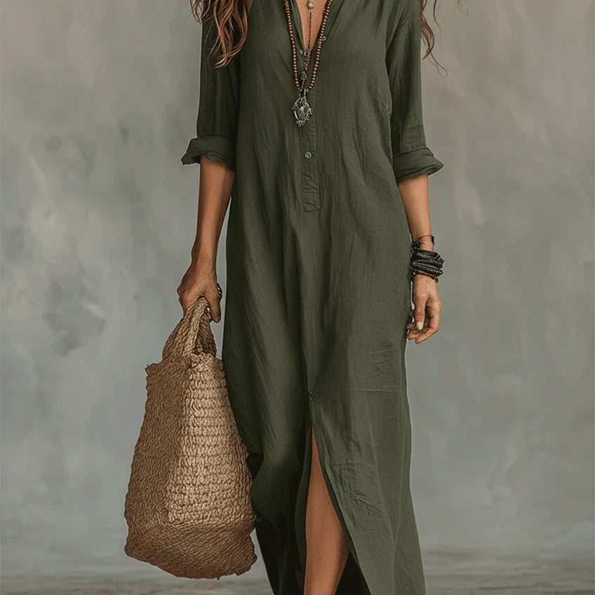 Black Button-down Front-opening Loose-fitting Shirt Maxi Dress