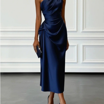 Champagne Satin One-shoulder Sleeveless Ruffled Midi Dress