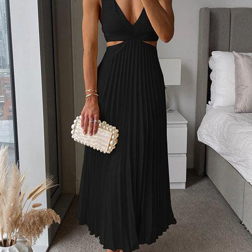 V Neck Cut Out Waist Sleeveless Pleated Maxi Dress