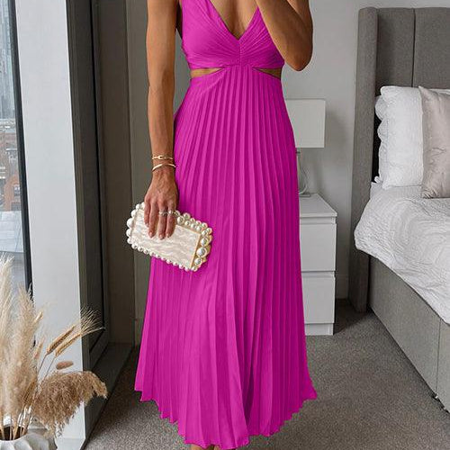 V Neck Cut Out Waist Sleeveless Pleated Maxi Dress