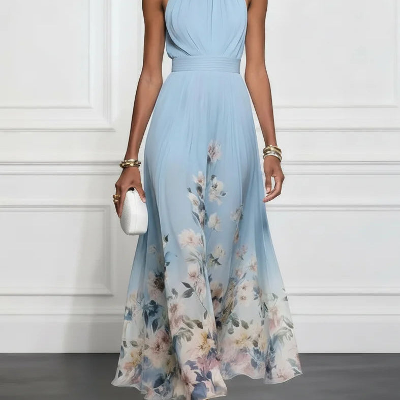 Light Blue Floral Chiffon Halter Sleeveless Maxi Dress