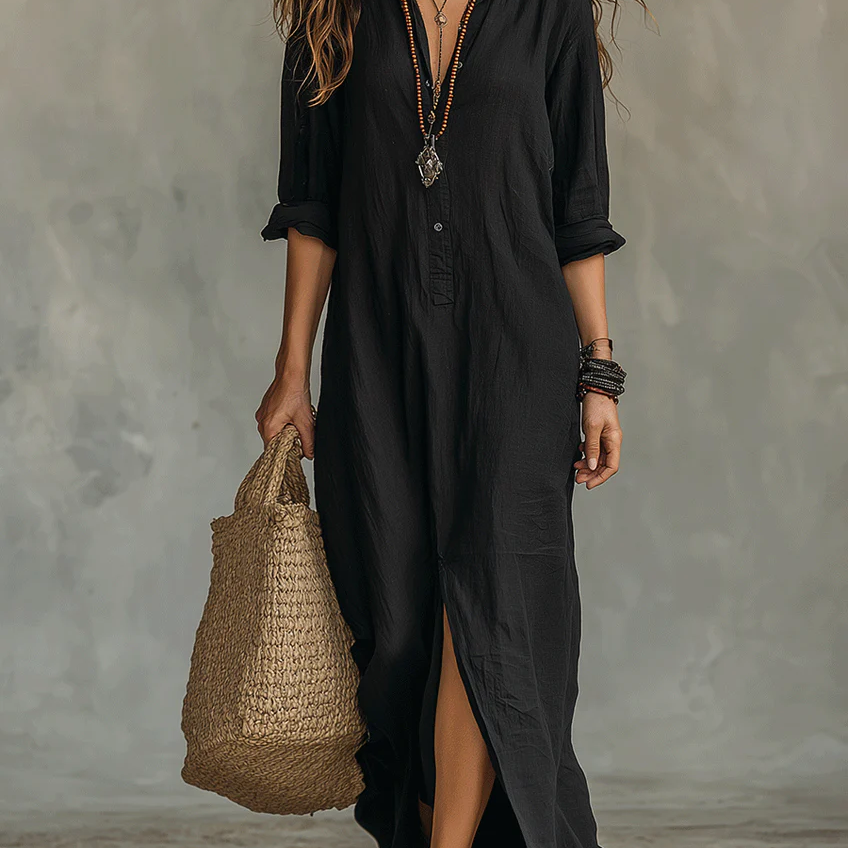 Black Button-down Front-opening Loose-fitting Shirt Maxi Dress