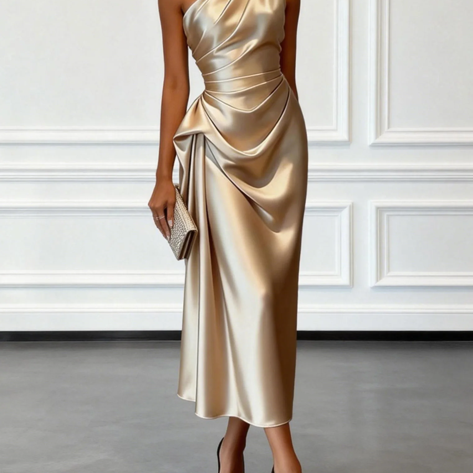 Champagne Satin One-shoulder Sleeveless Ruffled Midi Dress