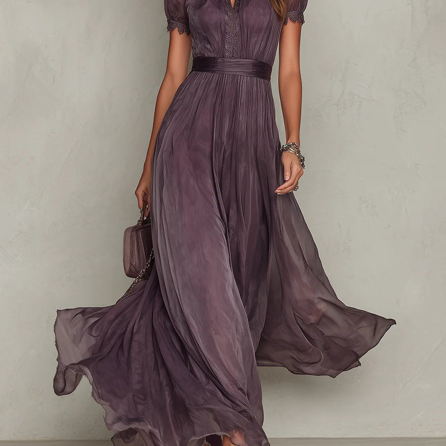 Purple Keyhole Neckline Chiffon Lace Trim Maxi Dress