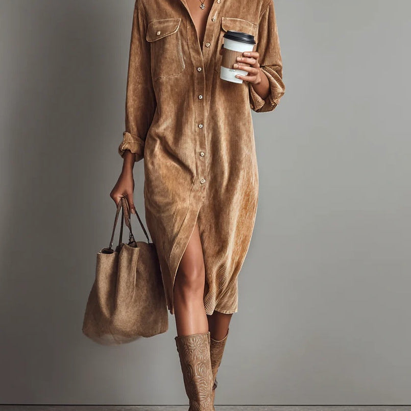 GINA | Loose Corduroy Double Chest Pocket Single Breasted Midi Dress