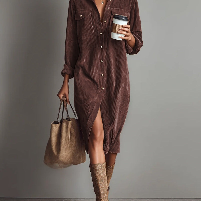 GINA | Loose Corduroy Double Chest Pocket Single Breasted Midi Dress