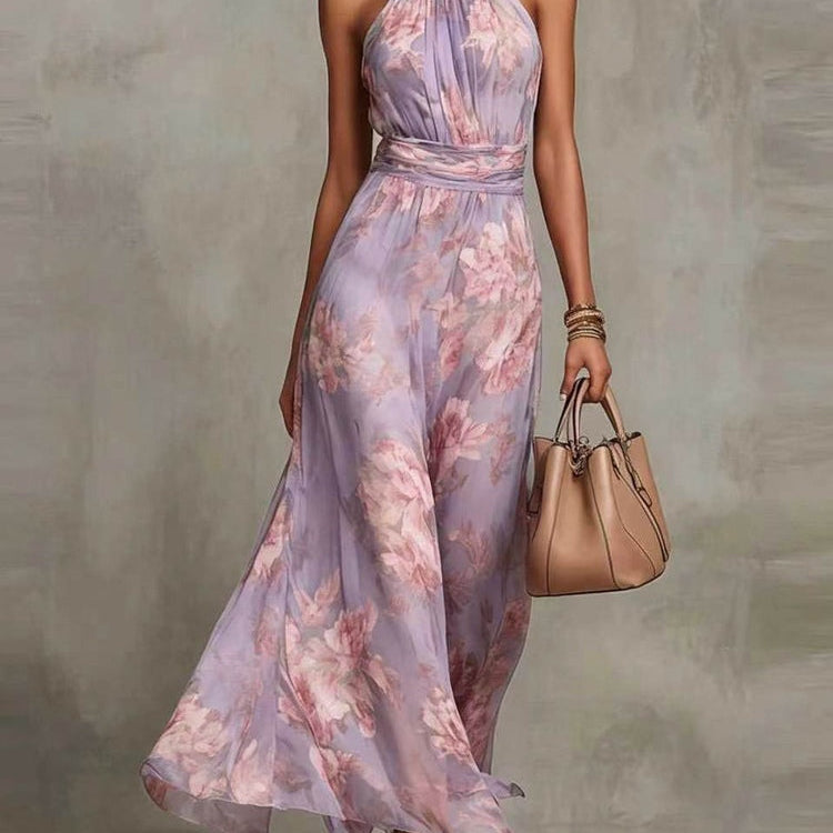 Pink Floral Chiffon Halter Maxi Dress