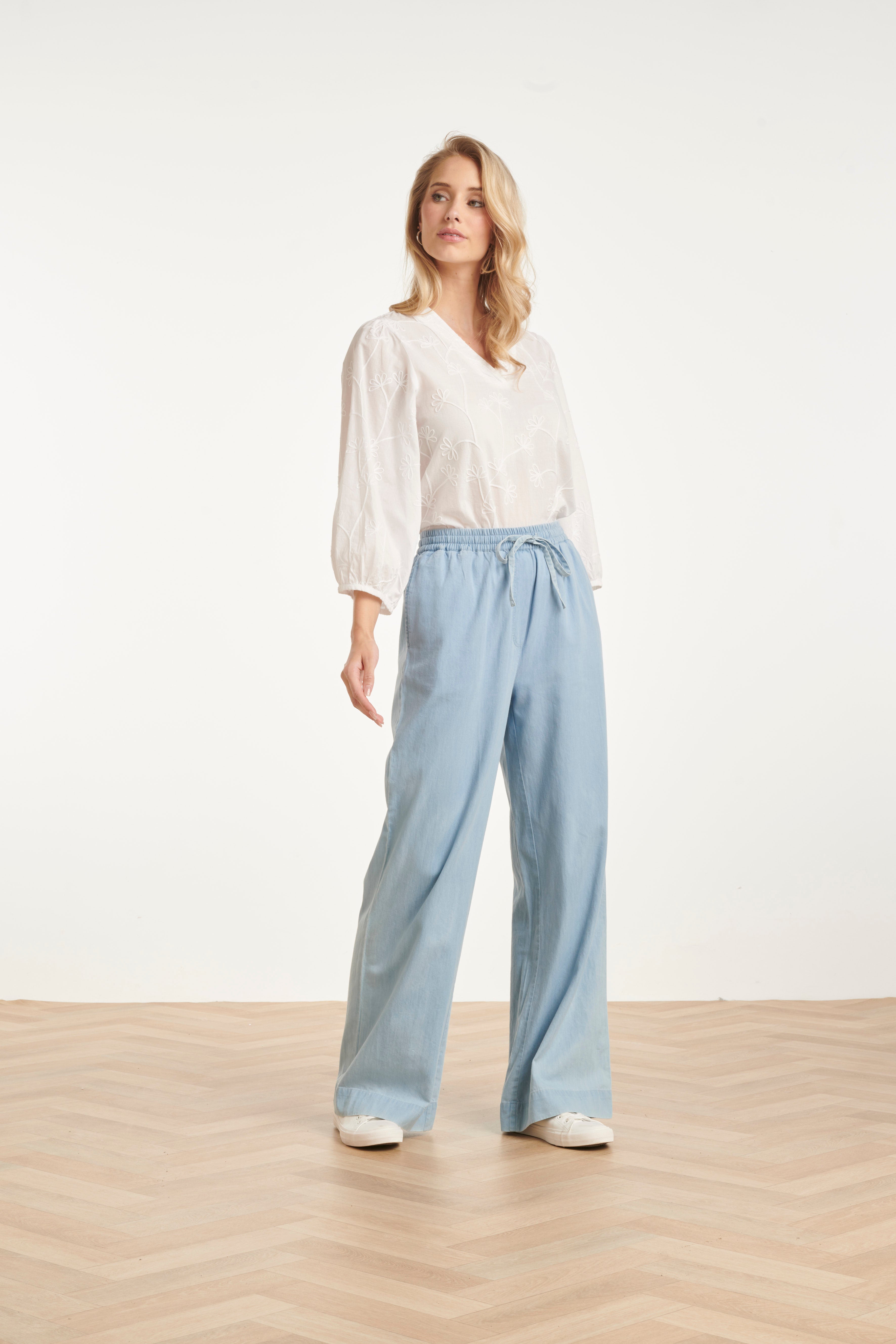 Lichtblauwe Wide Leg Broek Met Koordsluiting | Denim