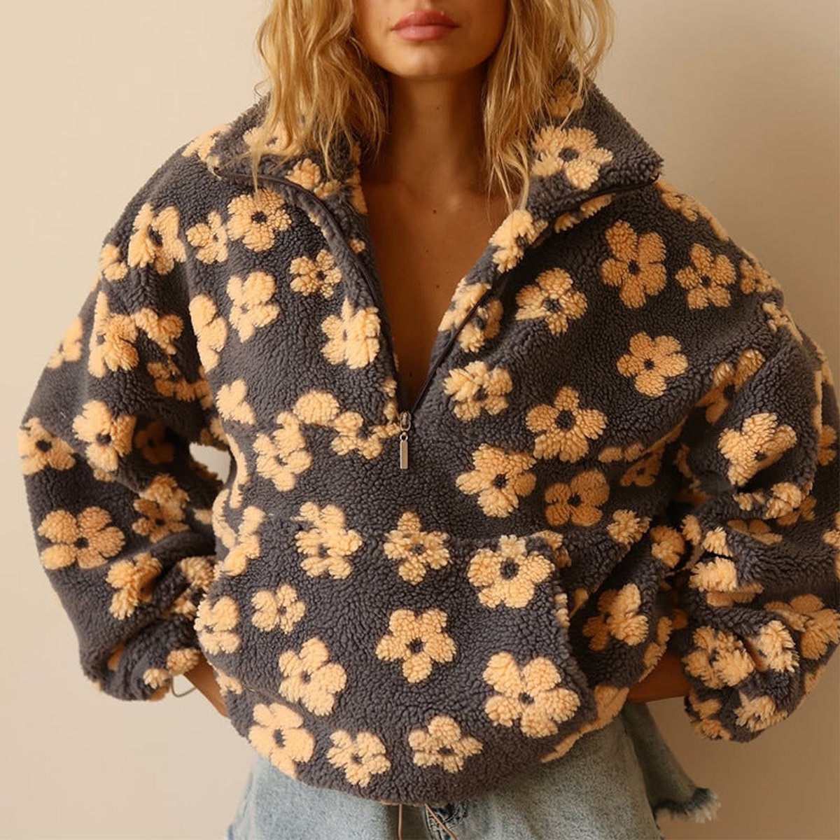 PENELOPE | Women's Oversized Floral Sherpa Fleece Half-Zip Pullover Sweater