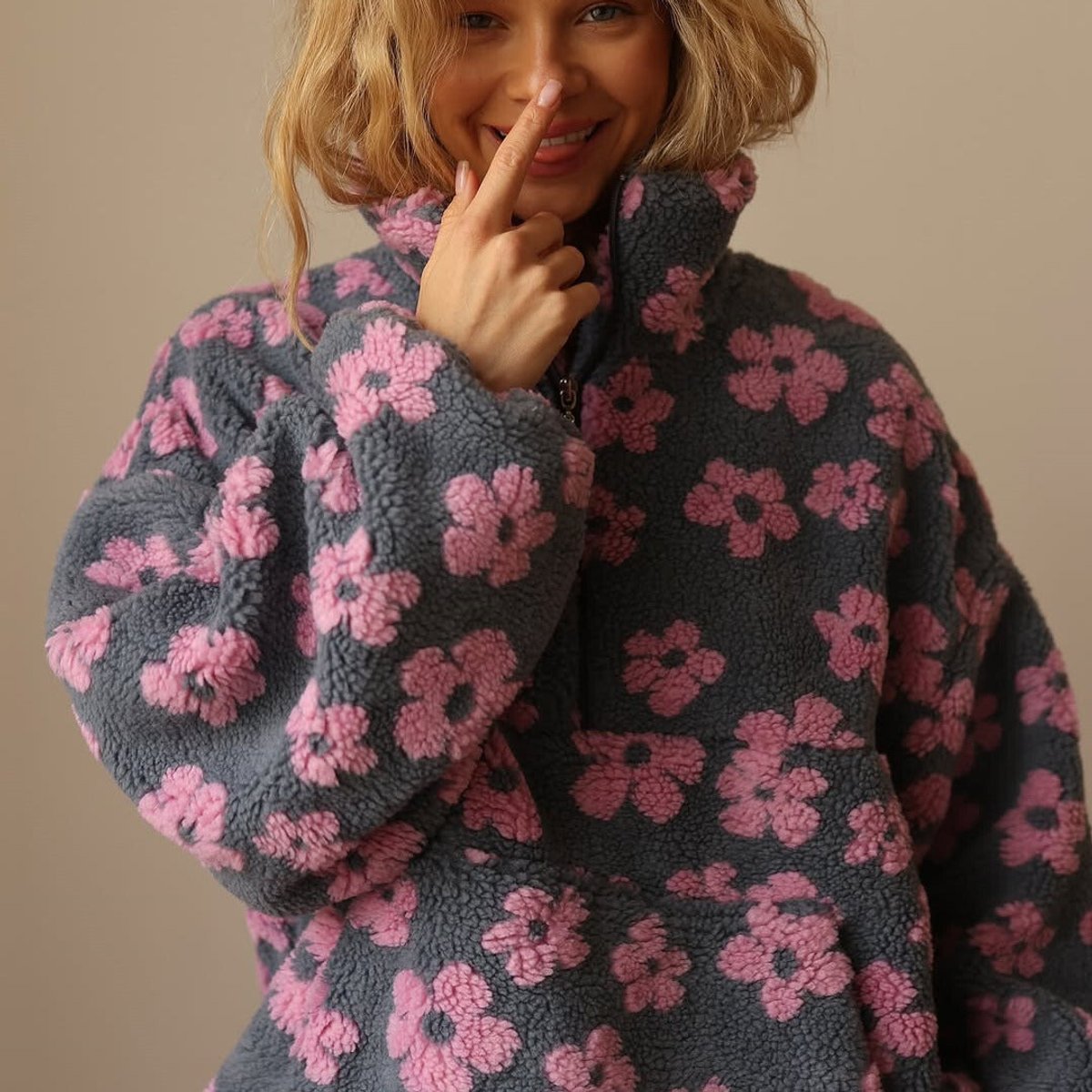 PENELOPE | Women's Oversized Floral Sherpa Fleece Half-Zip Pullover Sweater